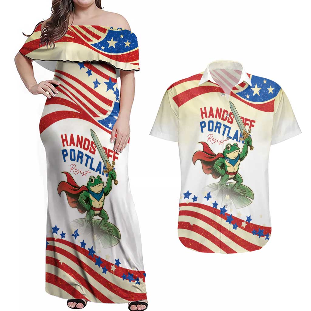 Hands Off Portland Couples Matching Off Shoulder Maxi Dress and Hawaiian Shirt Resist Frog - Wonder Print Shop