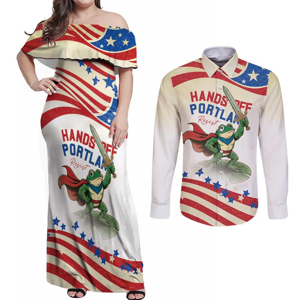 Hands Off Portland Couples Matching Off Shoulder Maxi Dress and Long Sleeve Button Shirt Resist Frog - Wonder Print Shop