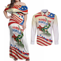Hands Off Portland Couples Matching Off Shoulder Maxi Dress and Long Sleeve Button Shirt Resist Frog - Wonder Print Shop