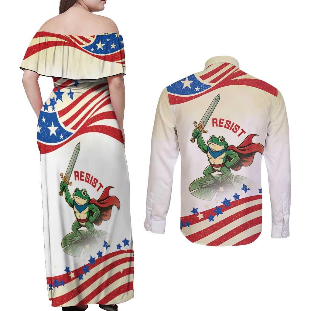 Hands Off Portland Couples Matching Off Shoulder Maxi Dress and Long Sleeve Button Shirt Resist Frog - Wonder Print Shop