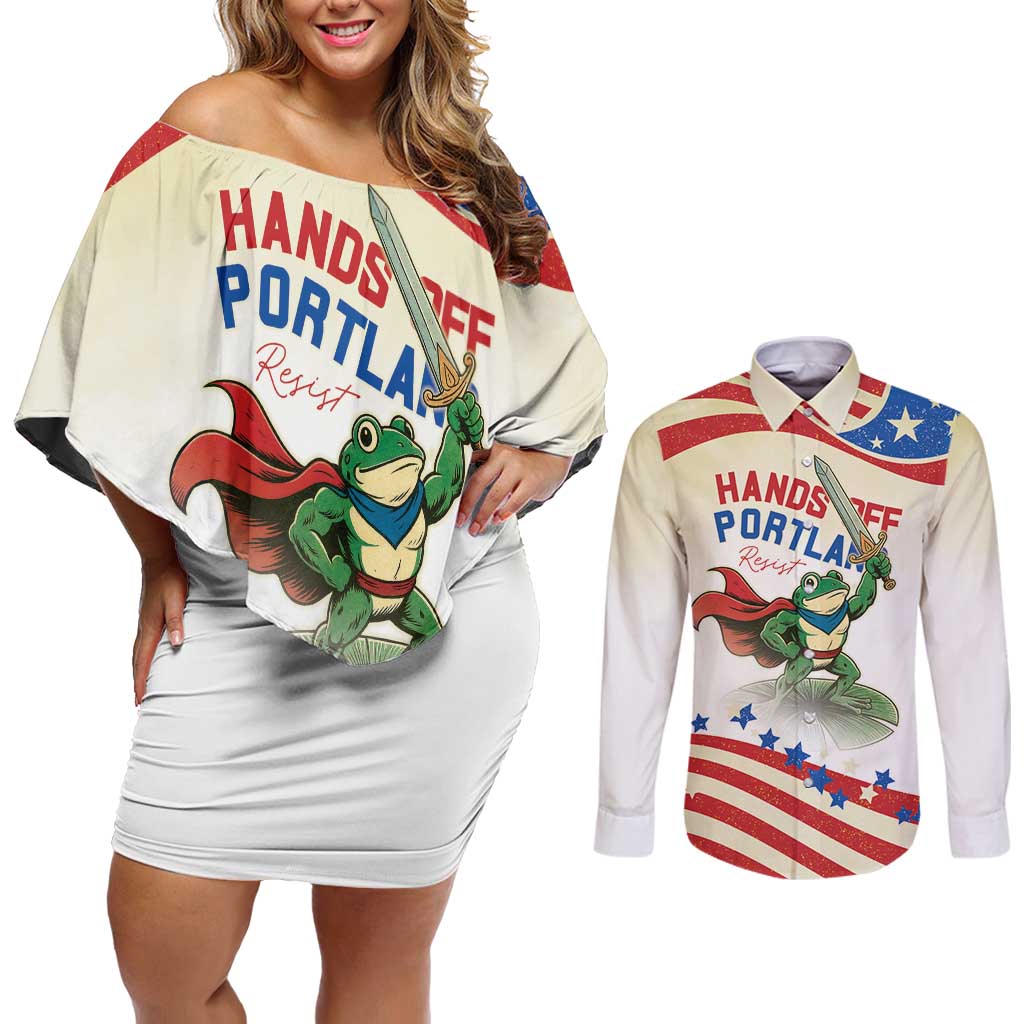 Hands Off Portland Couples Matching Off Shoulder Short Dress and Long Sleeve Button Shirt Resist Frog - Wonder Print Shop