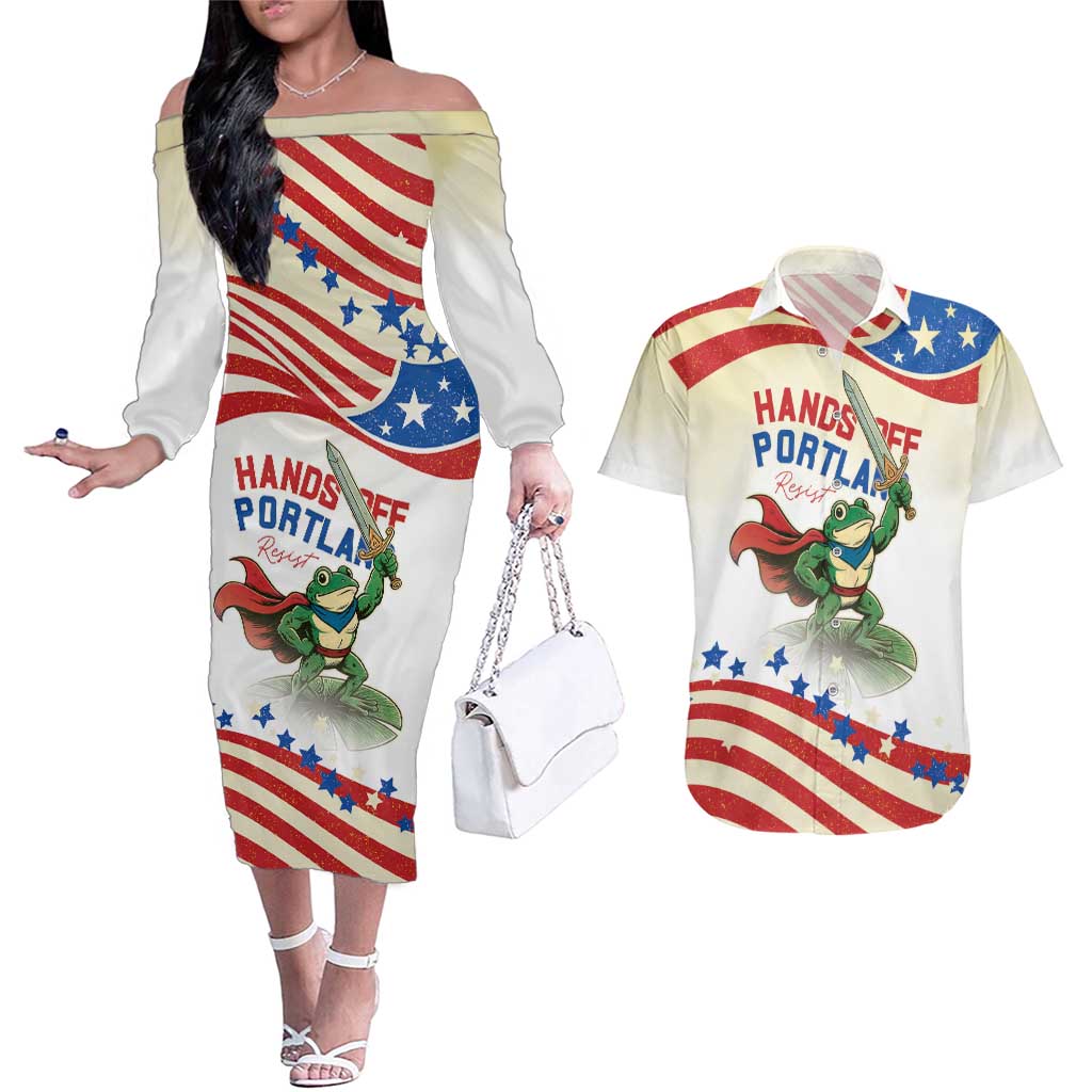 Hands Off Portland Couples Matching Off The Shoulder Long Sleeve Dress and Hawaiian Shirt Resist Frog - Wonder Print Shop