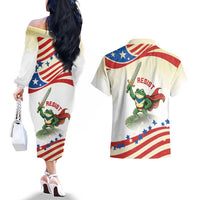 Hands Off Portland Couples Matching Off The Shoulder Long Sleeve Dress and Hawaiian Shirt Resist Frog - Wonder Print Shop