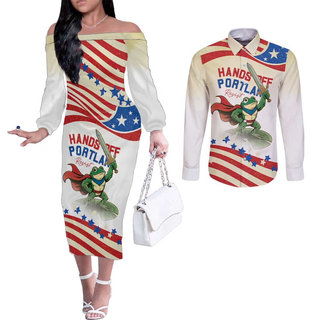 Hands Off Portland Couples Matching Off The Shoulder Long Sleeve Dress and Long Sleeve Button Shirt Resist Frog - Wonder Print Shop