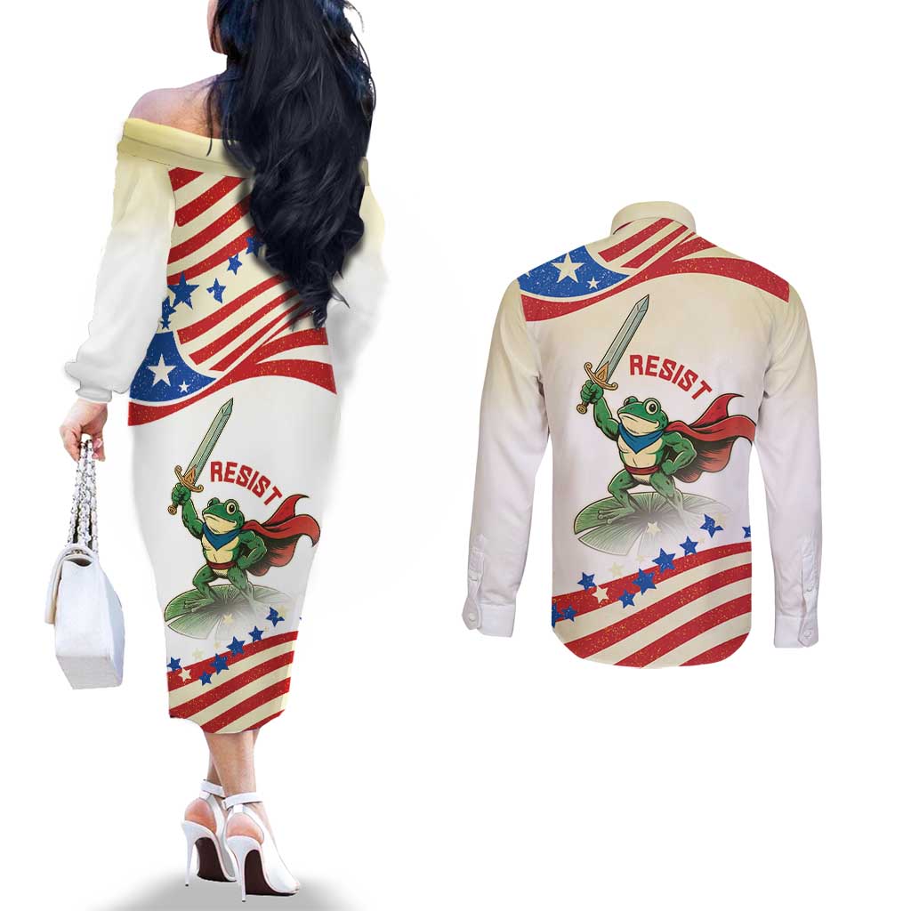 Hands Off Portland Couples Matching Off The Shoulder Long Sleeve Dress and Long Sleeve Button Shirt Resist Frog - Wonder Print Shop