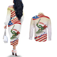 Hands Off Portland Couples Matching Off The Shoulder Long Sleeve Dress and Long Sleeve Button Shirt Resist Frog - Wonder Print Shop