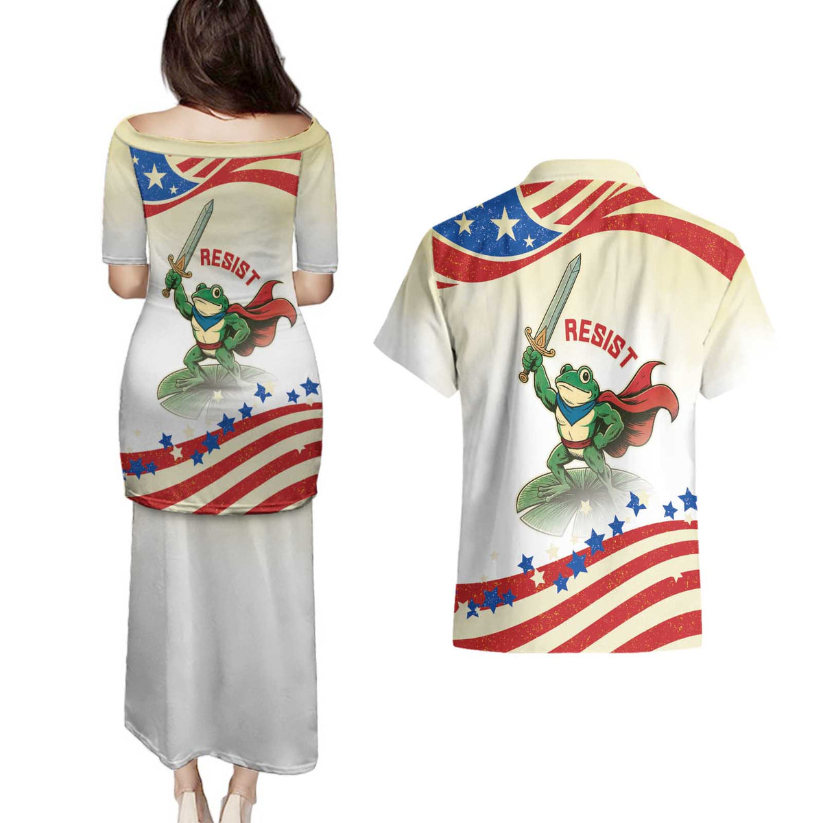Hands Off Portland Couples Matching Puletasi and Hawaiian Shirt Resist Frog - Wonder Print Shop