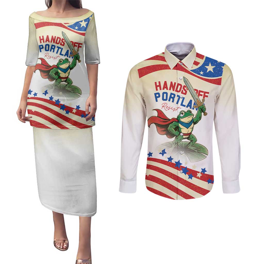 Hands Off Portland Couples Matching Puletasi and Long Sleeve Button Shirt Resist Frog - Wonder Print Shop