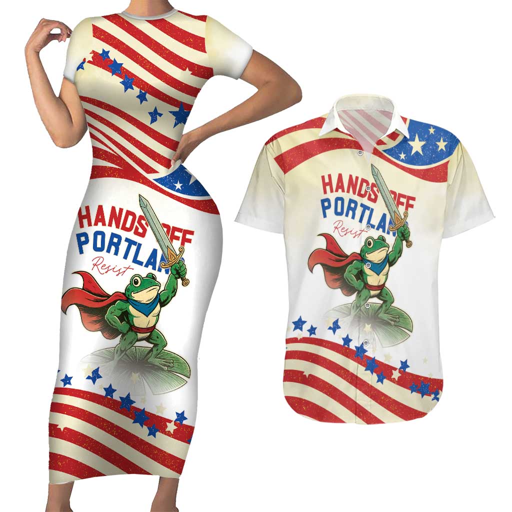 Hands Off Portland Couples Matching Short Sleeve Bodycon Dress and Hawaiian Shirt Resist Frog - Wonder Print Shop