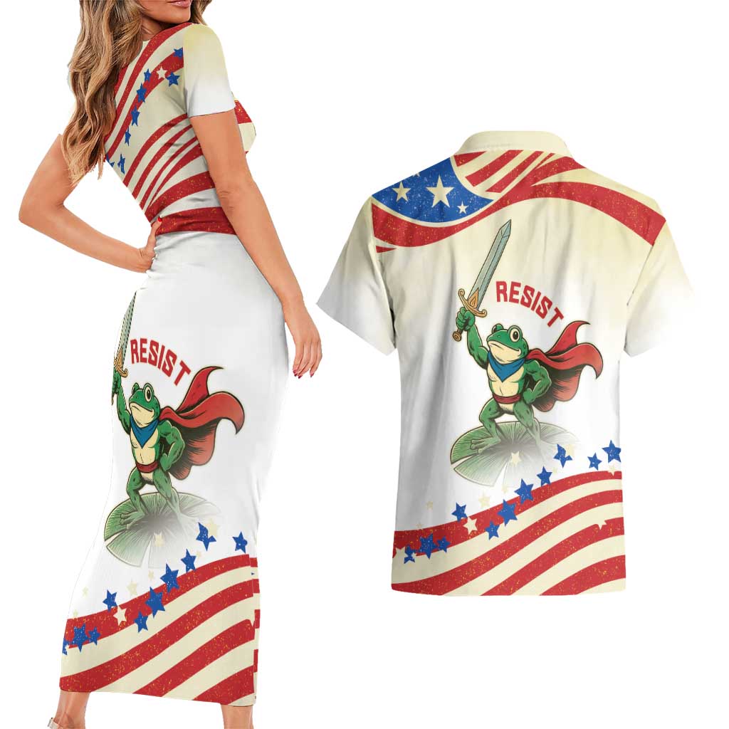 Hands Off Portland Couples Matching Short Sleeve Bodycon Dress and Hawaiian Shirt Resist Frog - Wonder Print Shop
