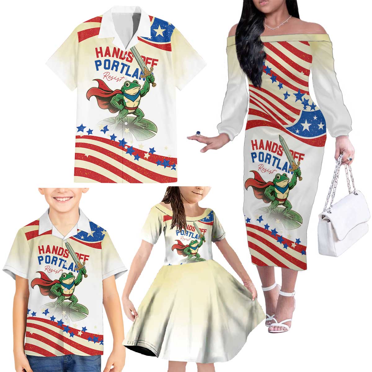 Hands Off Portland Family Matching Off The Shoulder Long Sleeve Dress and Hawaiian Shirt Resist Frog - Wonder Print Shop