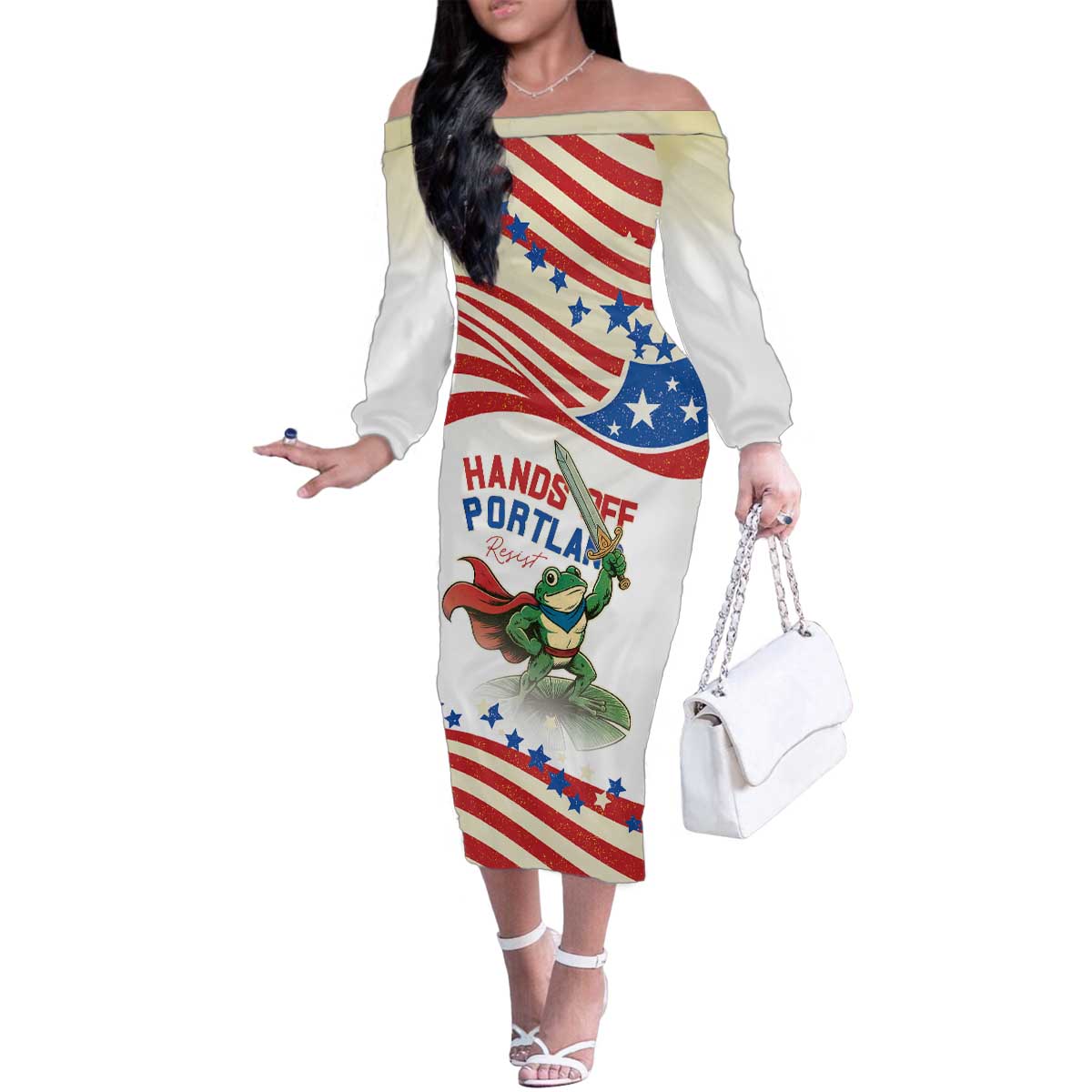 Hands Off Portland Family Matching Off The Shoulder Long Sleeve Dress and Hawaiian Shirt Resist Frog - Wonder Print Shop