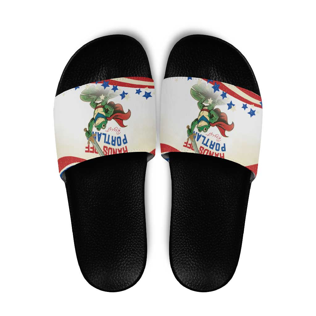 Hands Off Portland Slide Sandals Resist Frog - Wonder Print Shop