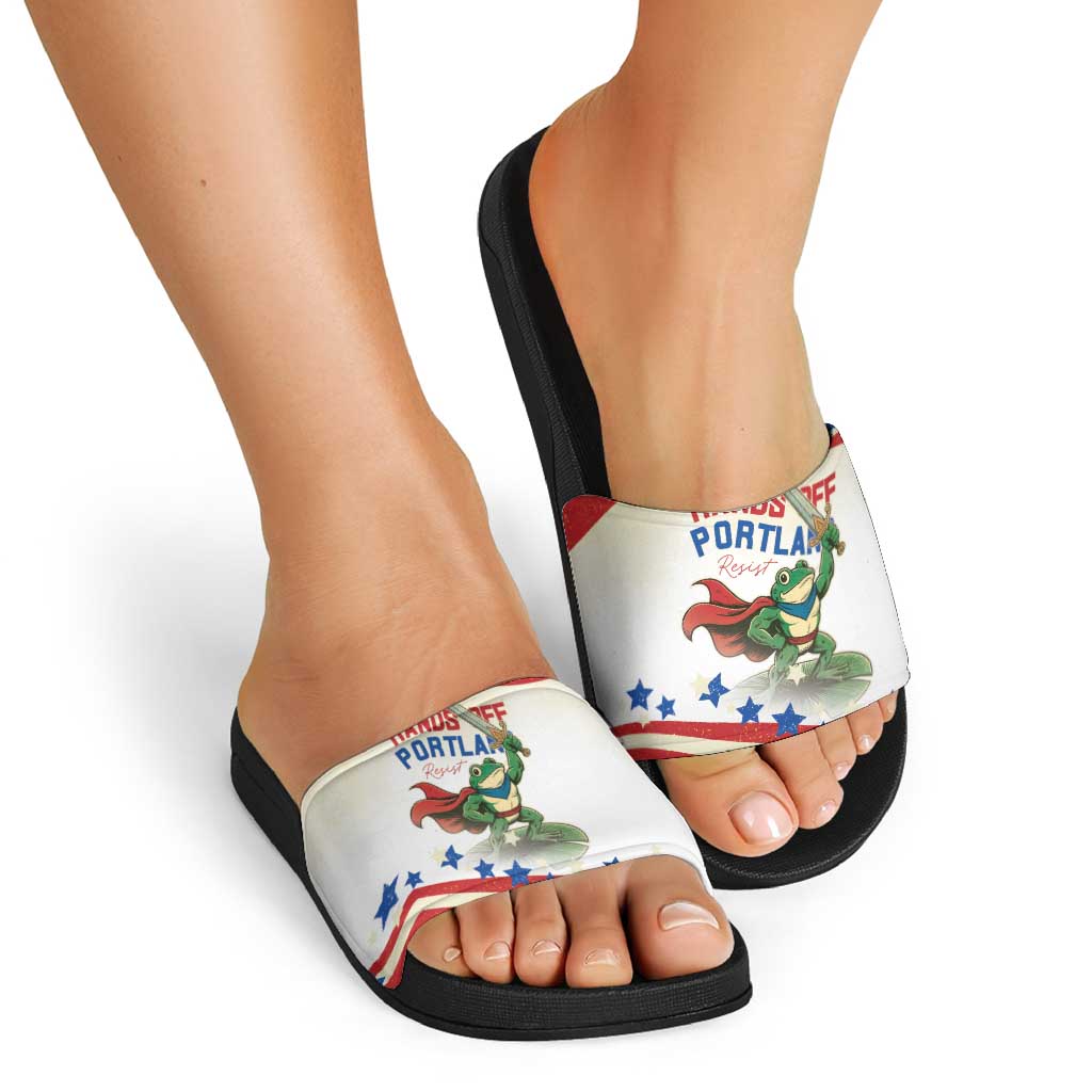 Hands Off Portland Slide Sandals Resist Frog - Wonder Print Shop
