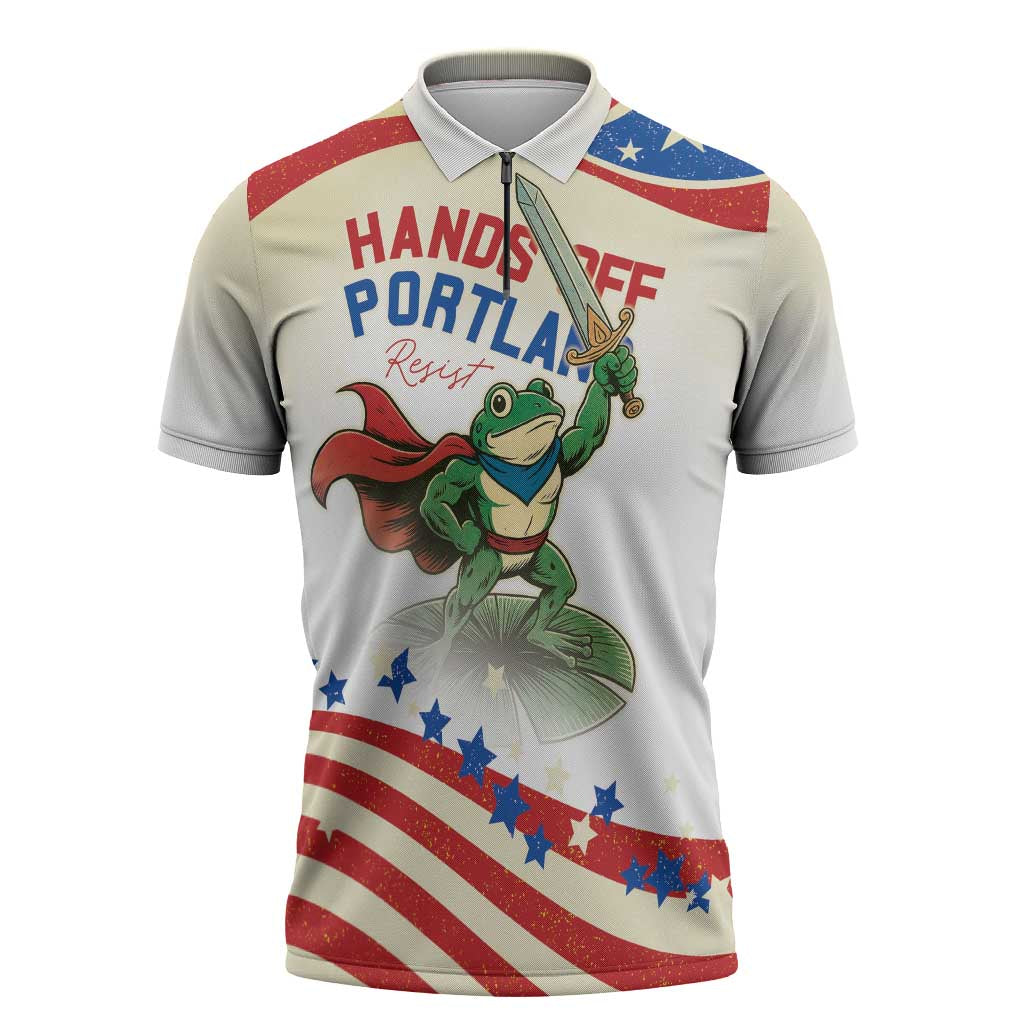 Hands Off Portland Zipper Polo Shirt Resist Frog - Wonder Print Shop