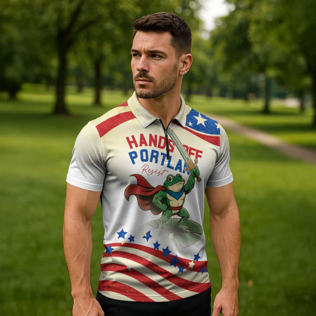 Hands Off Portland Zipper Polo Shirt Resist Frog - Wonder Print Shop