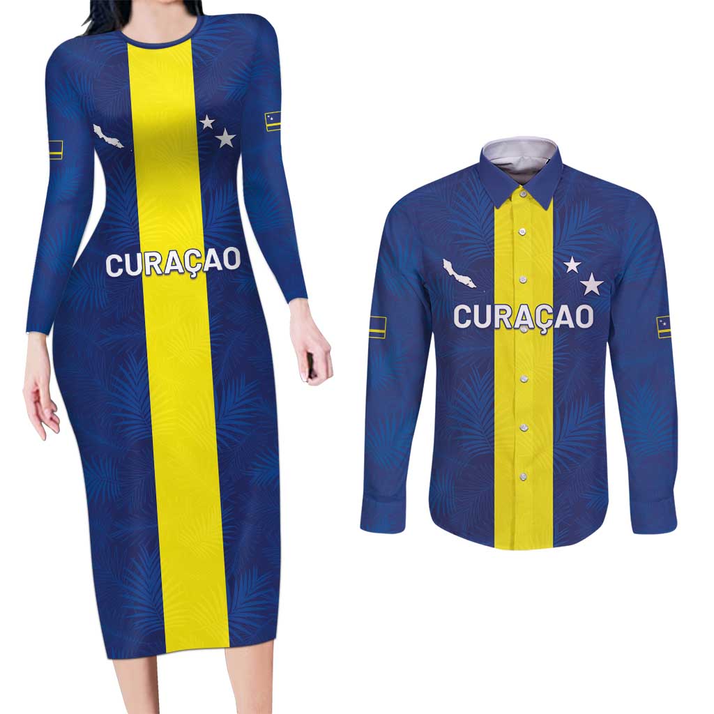 Custom Curacao Football Couples Matching Long Sleeve Bodycon Dress and Long Sleeve Button Shirt Go Champions Flag Style - Wonder Print Shop