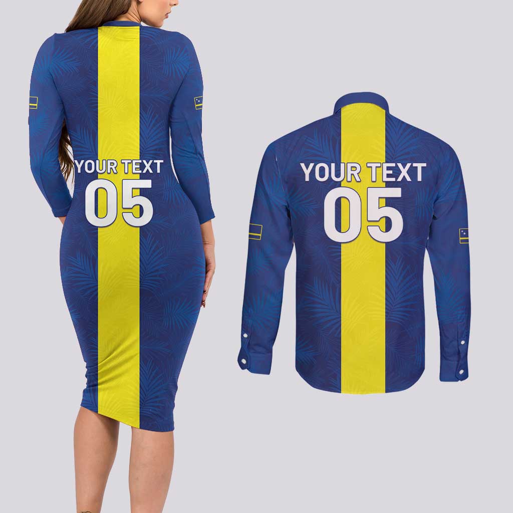 Custom Curacao Football Couples Matching Long Sleeve Bodycon Dress and Long Sleeve Button Shirt Go Champions Flag Style - Wonder Print Shop