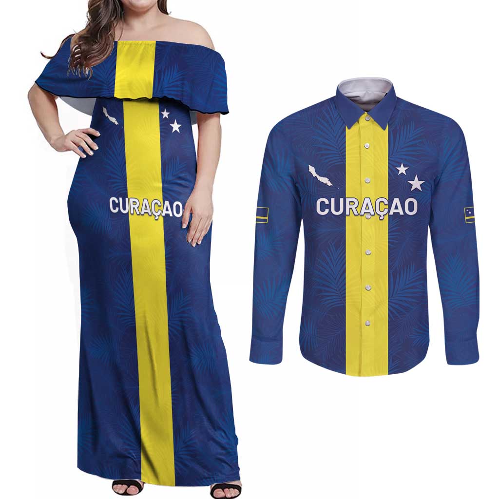 Custom Curacao Football Couples Matching Off Shoulder Maxi Dress and Long Sleeve Button Shirt Go Champions Flag Style - Wonder Print Shop