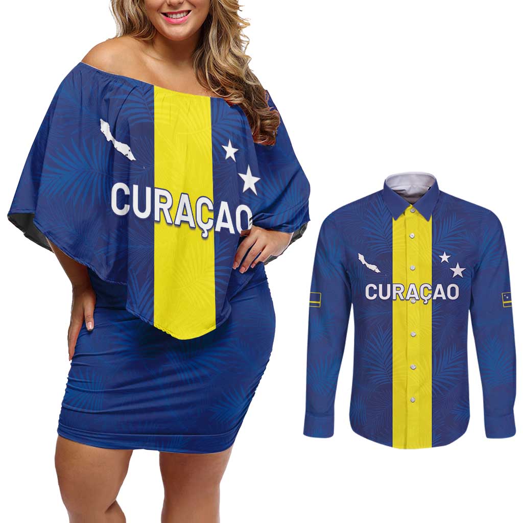 Custom Curacao Football Couples Matching Off Shoulder Short Dress and Long Sleeve Button Shirt Go Champions Flag Style - Wonder Print Shop