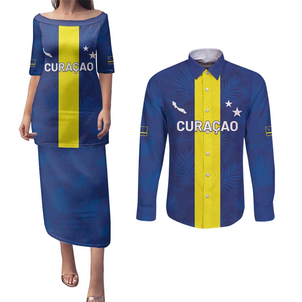 Custom Curacao Football Couples Matching Puletasi and Long Sleeve Button Shirt Go Champions Flag Style - Wonder Print Shop