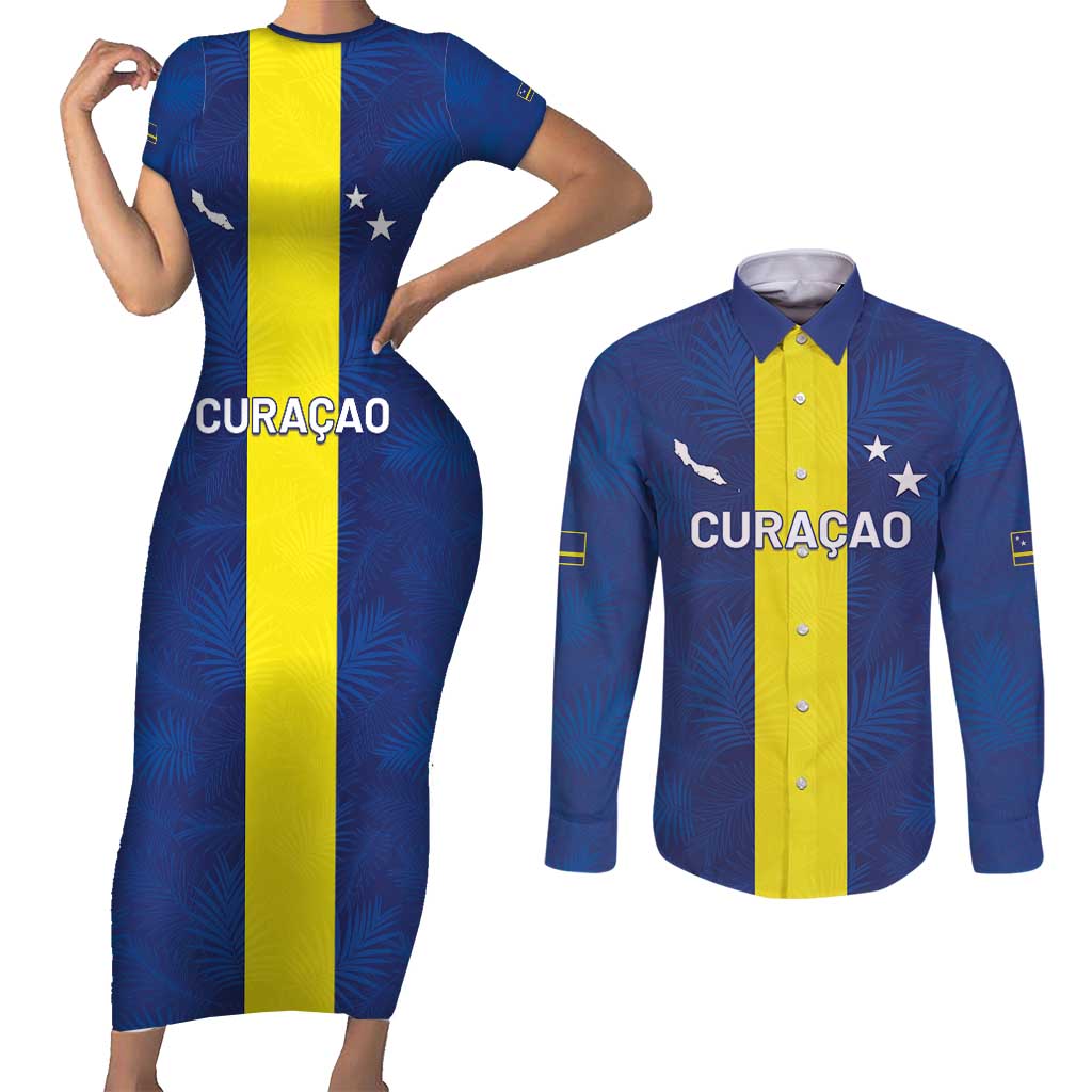 Custom Curacao Football Couples Matching Short Sleeve Bodycon Dress and Long Sleeve Button Shirt Go Champions Flag Style - Wonder Print Shop
