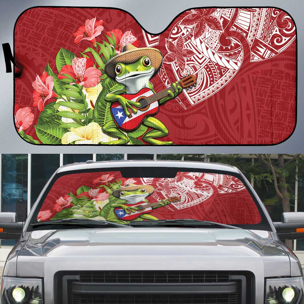 Puerto Rico Coqui Frog Auto Sun Shade Tropical Flowers Polynesian Style - Wonder Print Shop