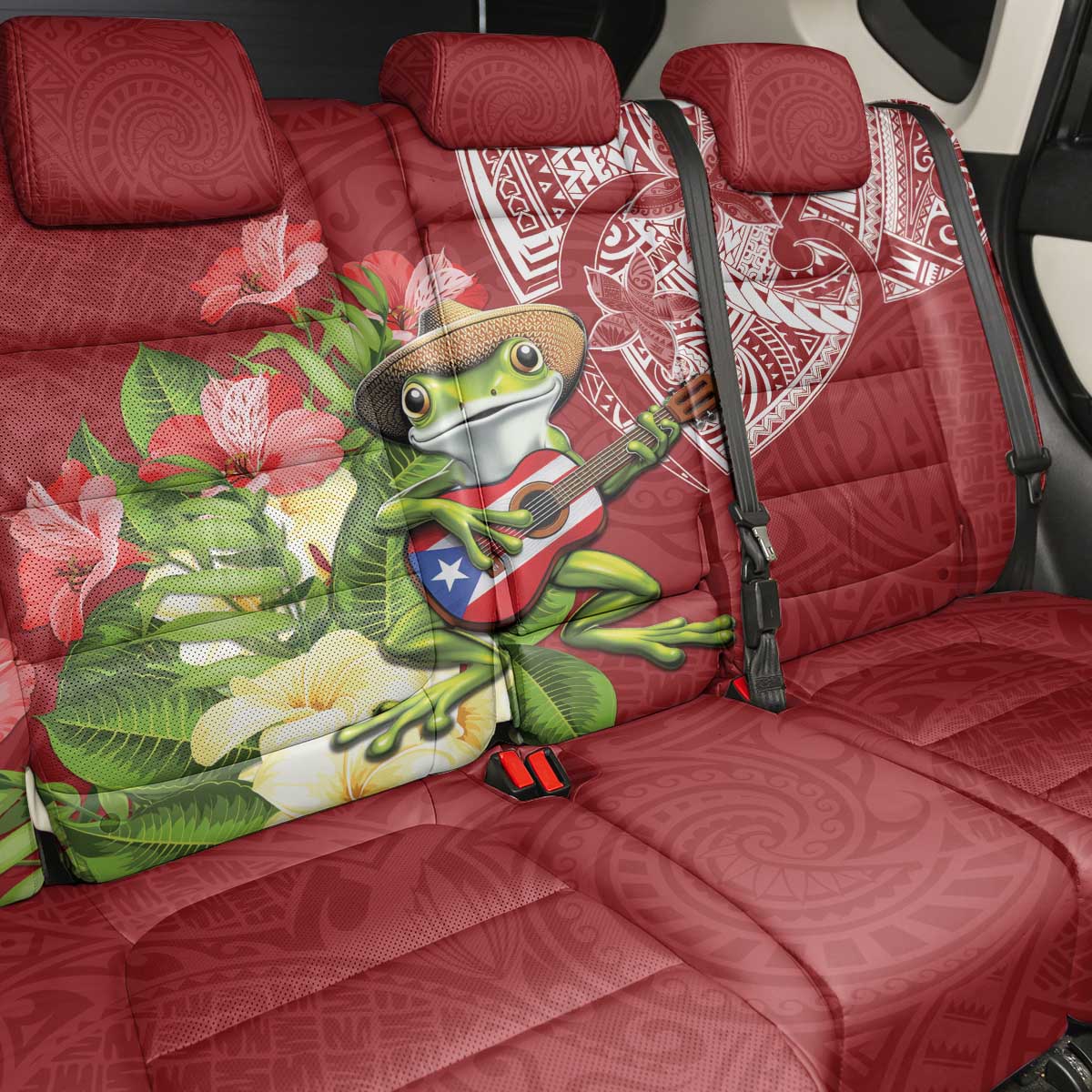 Puerto Rico Coqui Frog Back Car Seat Cover Tropical Flowers Polynesian Style - Wonder Print Shop