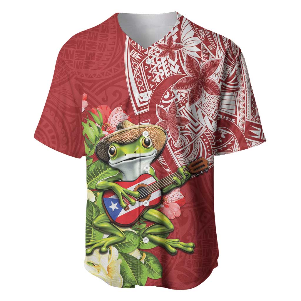 Puerto Rico Coqui Frog Baseball Jersey Tropical Flowers Polynesian Style - Wonder Print Shop