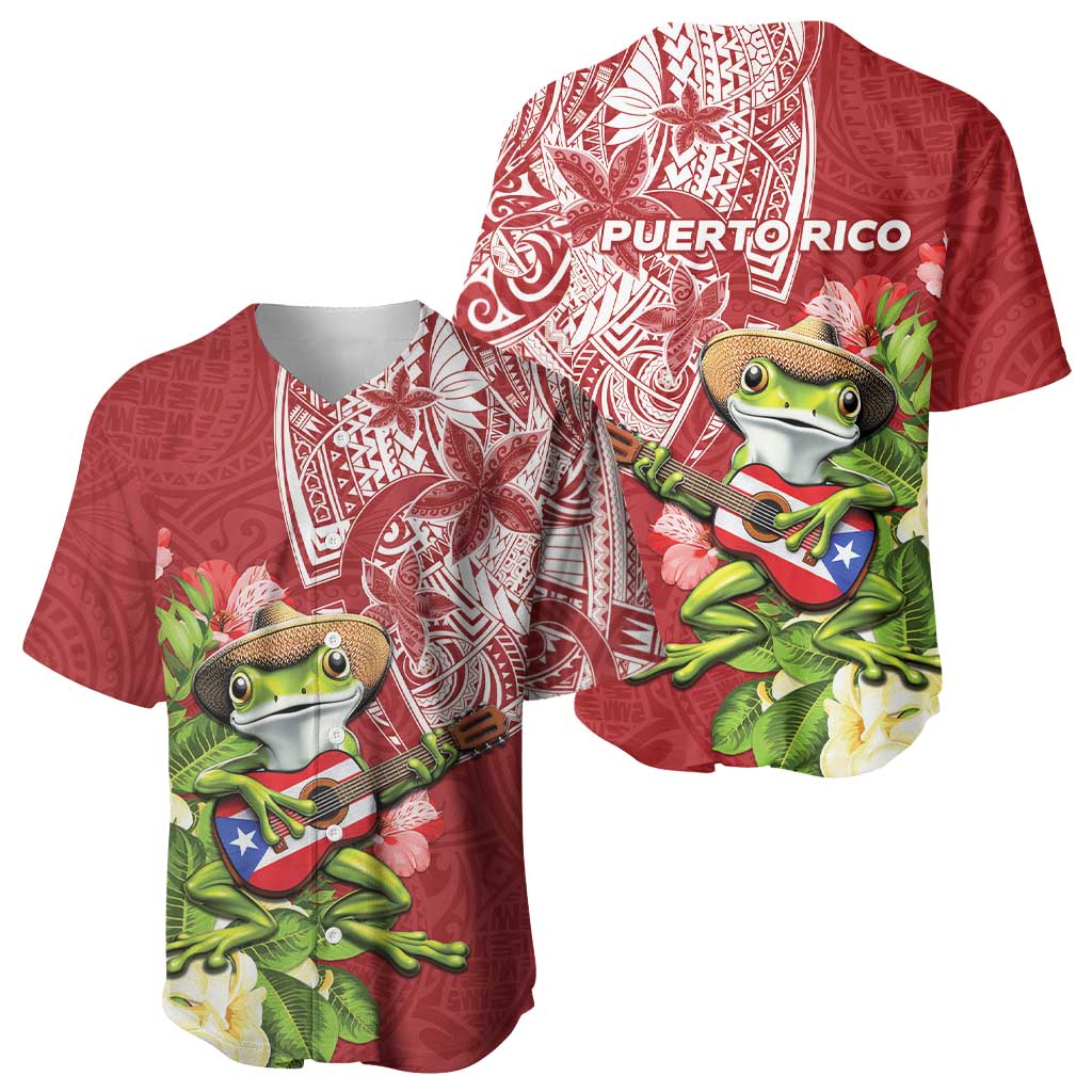 Puerto Rico Coqui Frog Baseball Jersey Tropical Flowers Polynesian Style - Wonder Print Shop