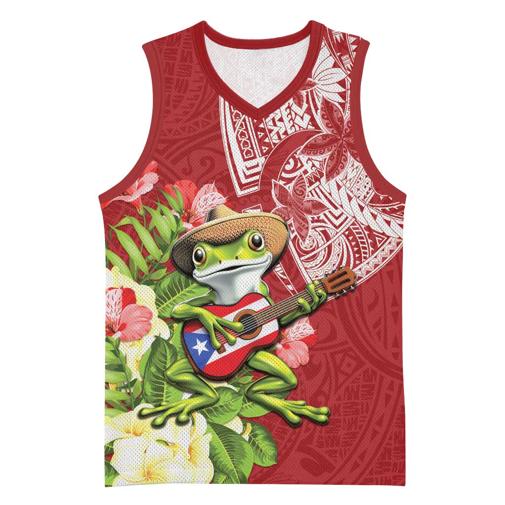 Puerto Rico Coqui Frog Basketball Jersey Tropical Flowers Polynesian Style - Wonder Print Shop