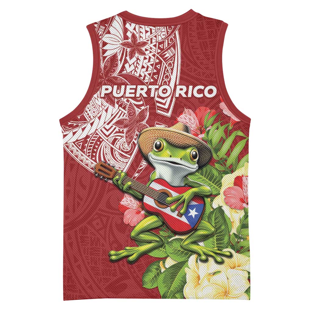 Puerto Rico Coqui Frog Basketball Jersey Tropical Flowers Polynesian Style - Wonder Print Shop