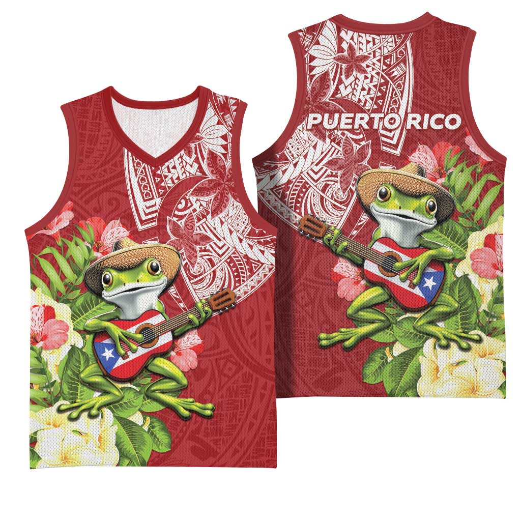 Puerto Rico Coqui Frog Basketball Jersey Tropical Flowers Polynesian Style - Wonder Print Shop