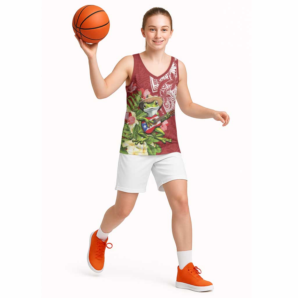 Puerto Rico Coqui Frog Basketball Jersey Tropical Flowers Polynesian Style - Wonder Print Shop