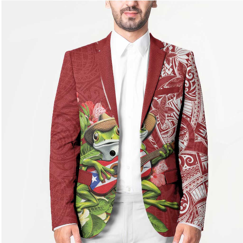 Puerto Rico Coqui Frog Blazer Tropical Flowers Polynesian Style - Wonder Print Shop