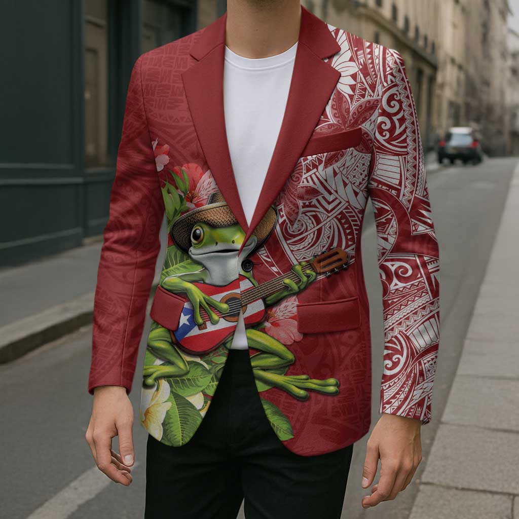 Puerto Rico Coqui Frog Blazer Tropical Flowers Polynesian Style - Wonder Print Shop
