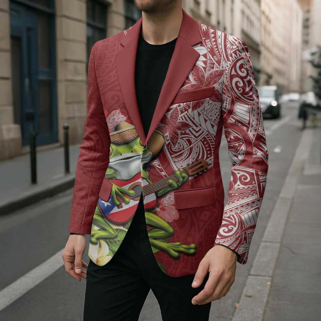 Puerto Rico Coqui Frog Blazer Tropical Flowers Polynesian Style - Wonder Print Shop