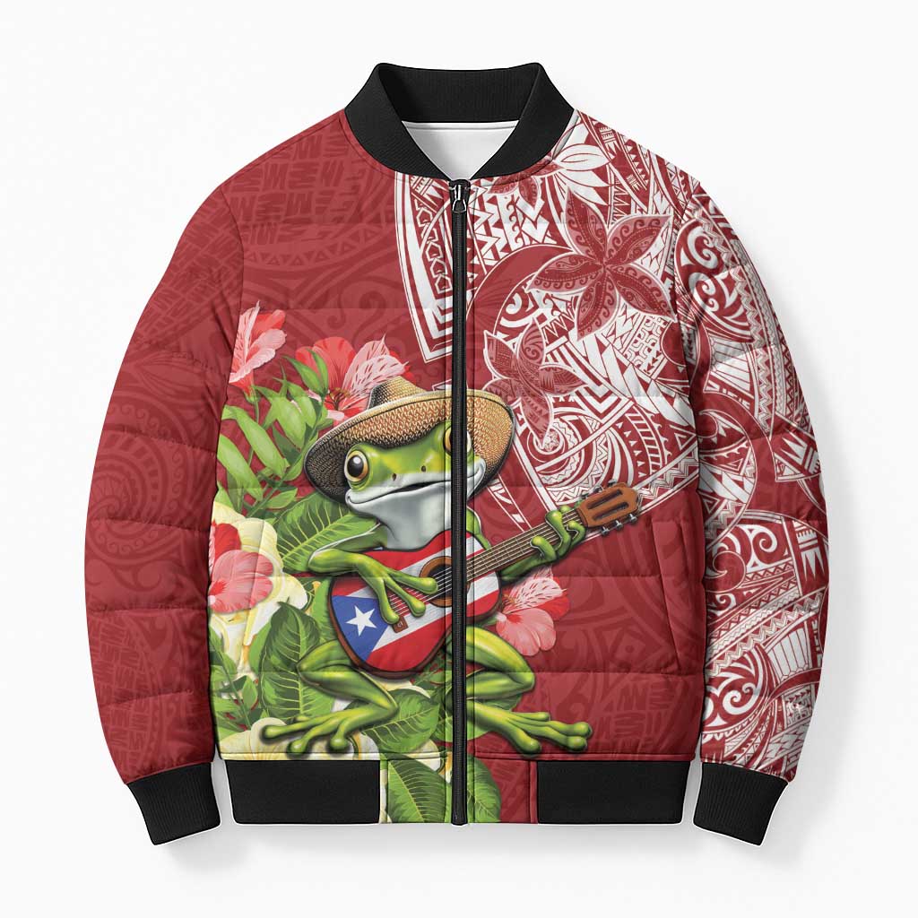 Puerto Rico Coqui Frog Bomber Puffer Jacket Tropical Flowers Polynesian Style - Wonder Print Shop