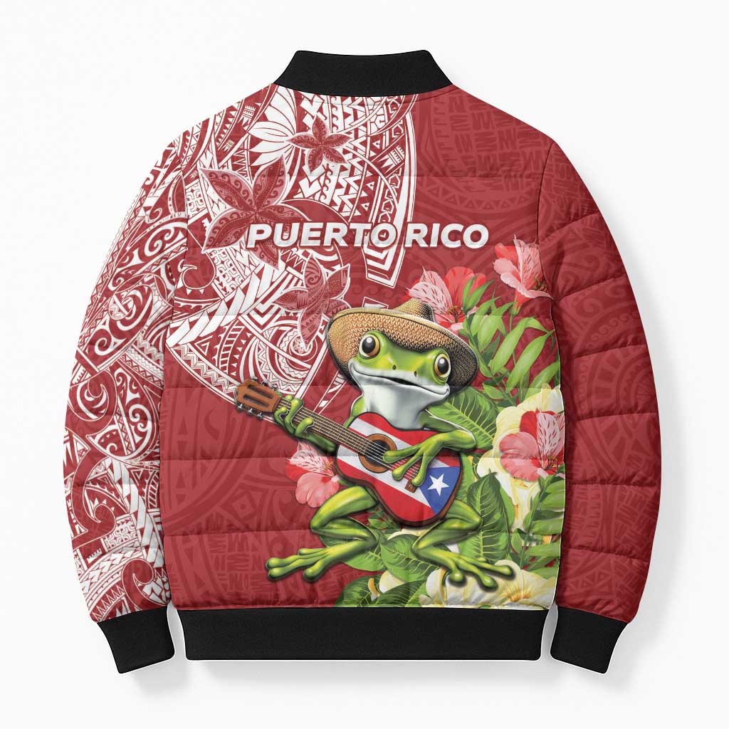 Puerto Rico Coqui Frog Bomber Puffer Jacket Tropical Flowers Polynesian Style - Wonder Print Shop