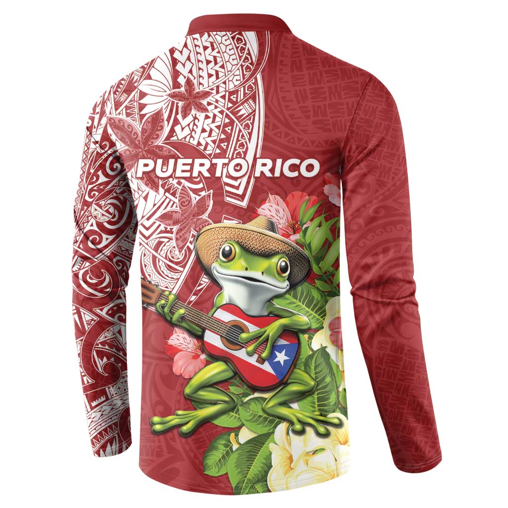 Puerto Rico Coqui Frog Button Sweatshirt Tropical Flowers Polynesian Style - Wonder Print Shop