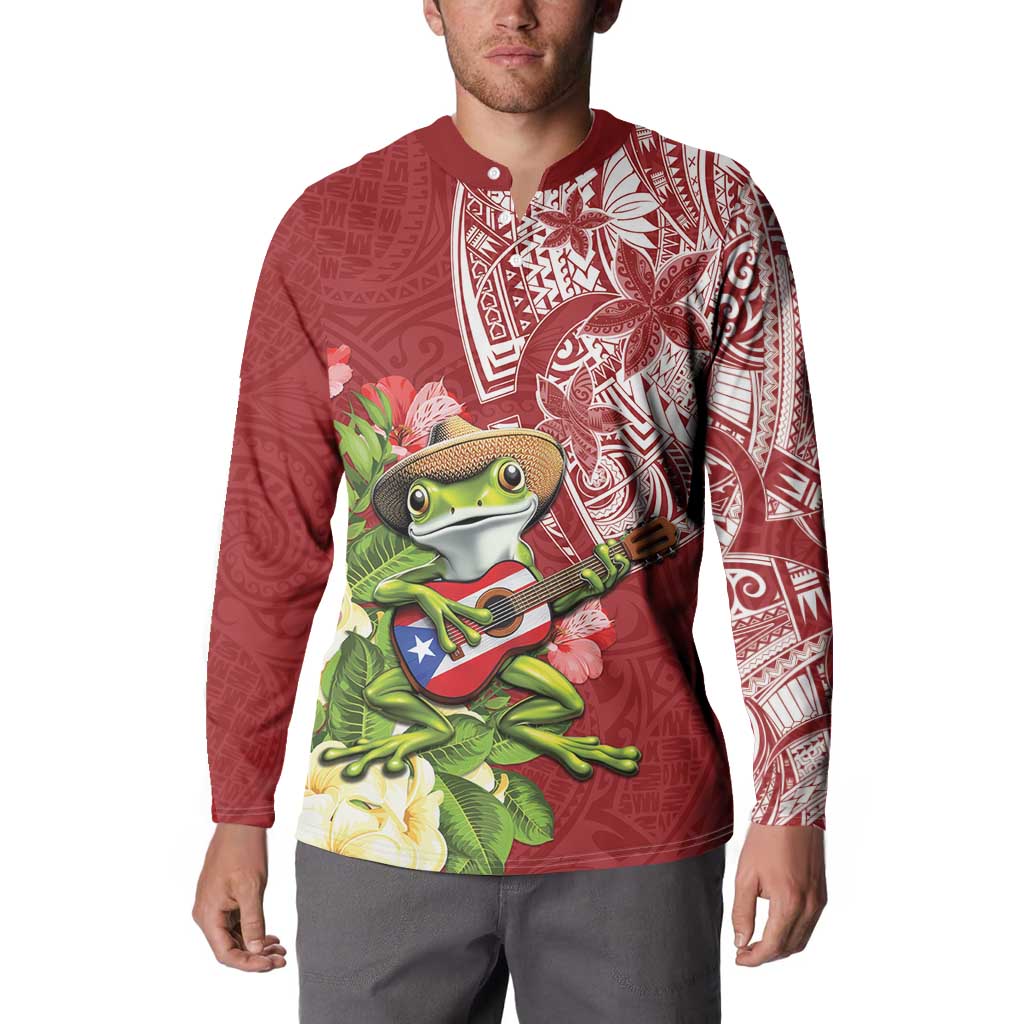 Puerto Rico Coqui Frog Button Sweatshirt Tropical Flowers Polynesian Style - Wonder Print Shop