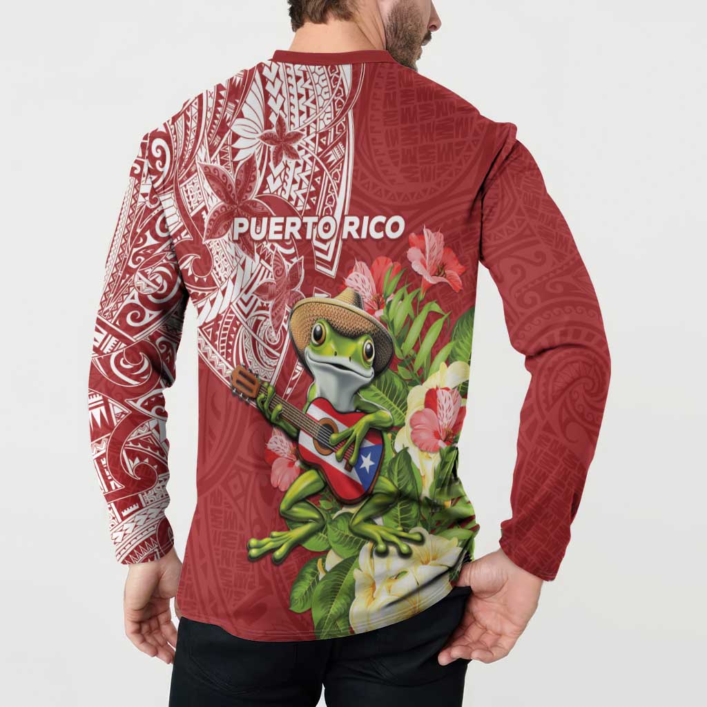 Puerto Rico Coqui Frog Button Sweatshirt Tropical Flowers Polynesian Style - Wonder Print Shop