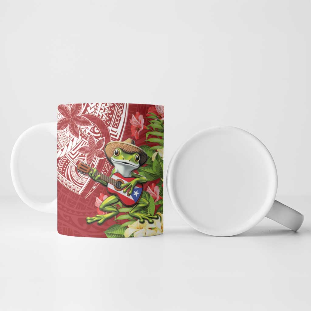 Puerto Rico Coqui Frog Ceramic Mug Tropical Flowers Polynesian Style - Wonder Print Shop