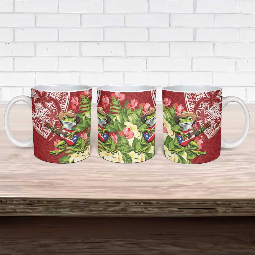 Puerto Rico Coqui Frog Ceramic Mug Tropical Flowers Polynesian Style - Wonder Print Shop