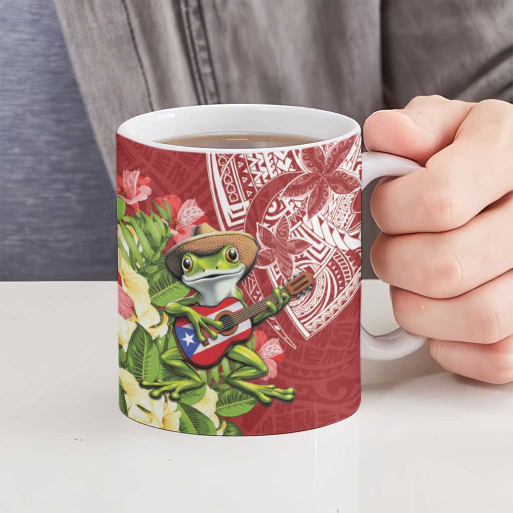 Puerto Rico Coqui Frog Ceramic Mug Tropical Flowers Polynesian Style - Wonder Print Shop