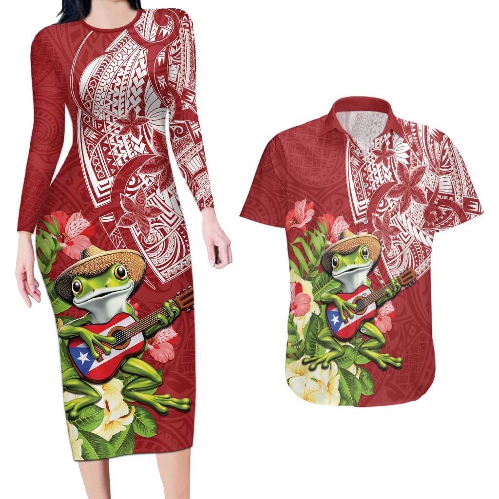 Puerto Rico Coqui Frog Couples Matching Long Sleeve Bodycon Dress and Hawaiian Shirt Tropical Flowers Polynesian Style - Wonder Print Shop