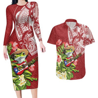 Puerto Rico Coqui Frog Couples Matching Long Sleeve Bodycon Dress and Hawaiian Shirt Tropical Flowers Polynesian Style - Wonder Print Shop