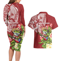 Puerto Rico Coqui Frog Couples Matching Long Sleeve Bodycon Dress and Hawaiian Shirt Tropical Flowers Polynesian Style - Wonder Print Shop