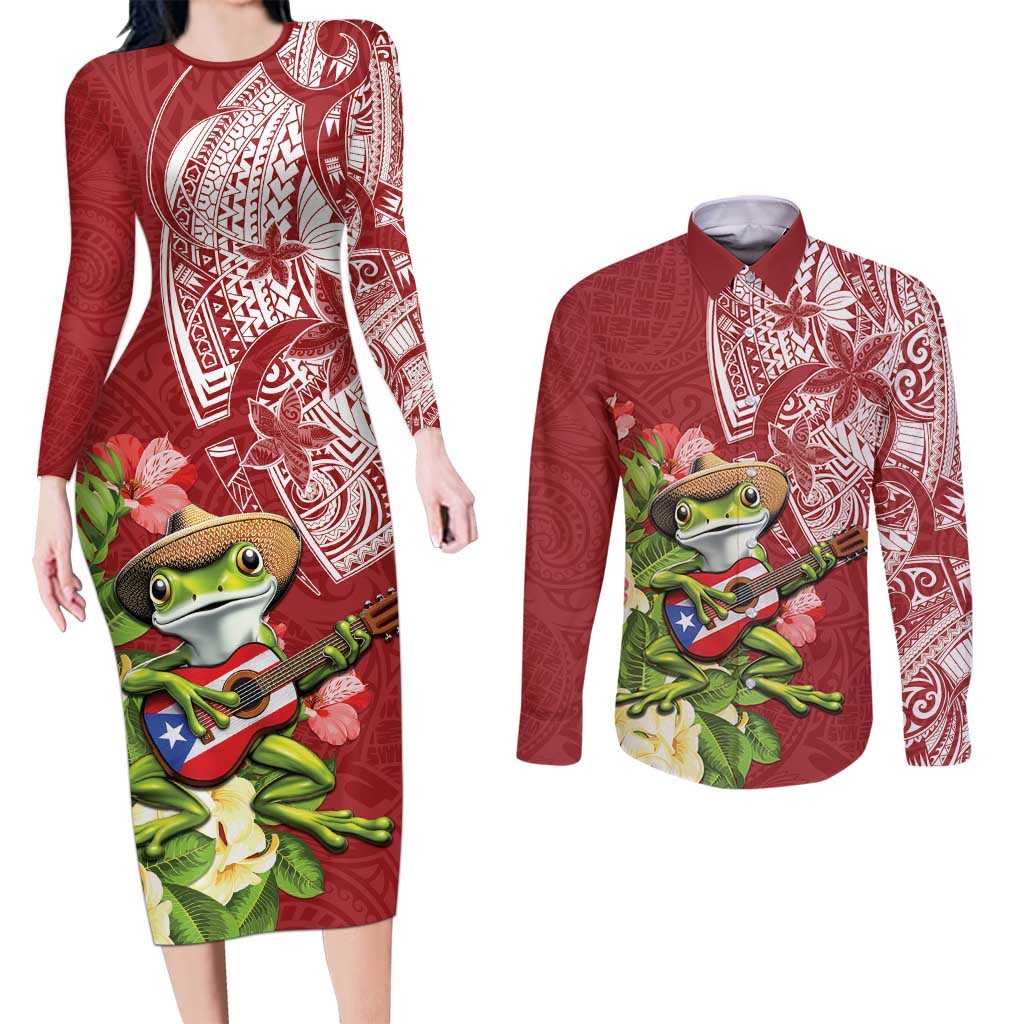 Puerto Rico Coqui Frog Couples Matching Long Sleeve Bodycon Dress and Long Sleeve Button Shirt Tropical Flowers Polynesian Style - Wonder Print Shop