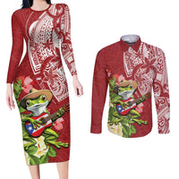 Puerto Rico Coqui Frog Couples Matching Long Sleeve Bodycon Dress and Long Sleeve Button Shirt Tropical Flowers Polynesian Style - Wonder Print Shop